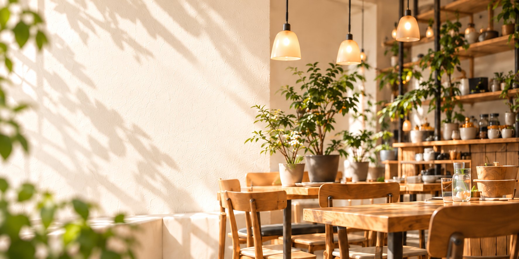陽の差す木のテーブルと、植物に囲まれたカフェの店内